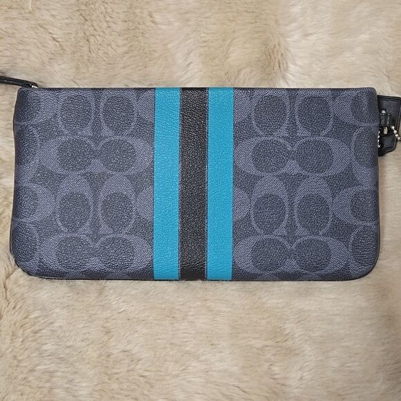 COACH VARSITY STRIPE CHARCOAL TURQUOISE WRISTLET - Picture 2 of 5